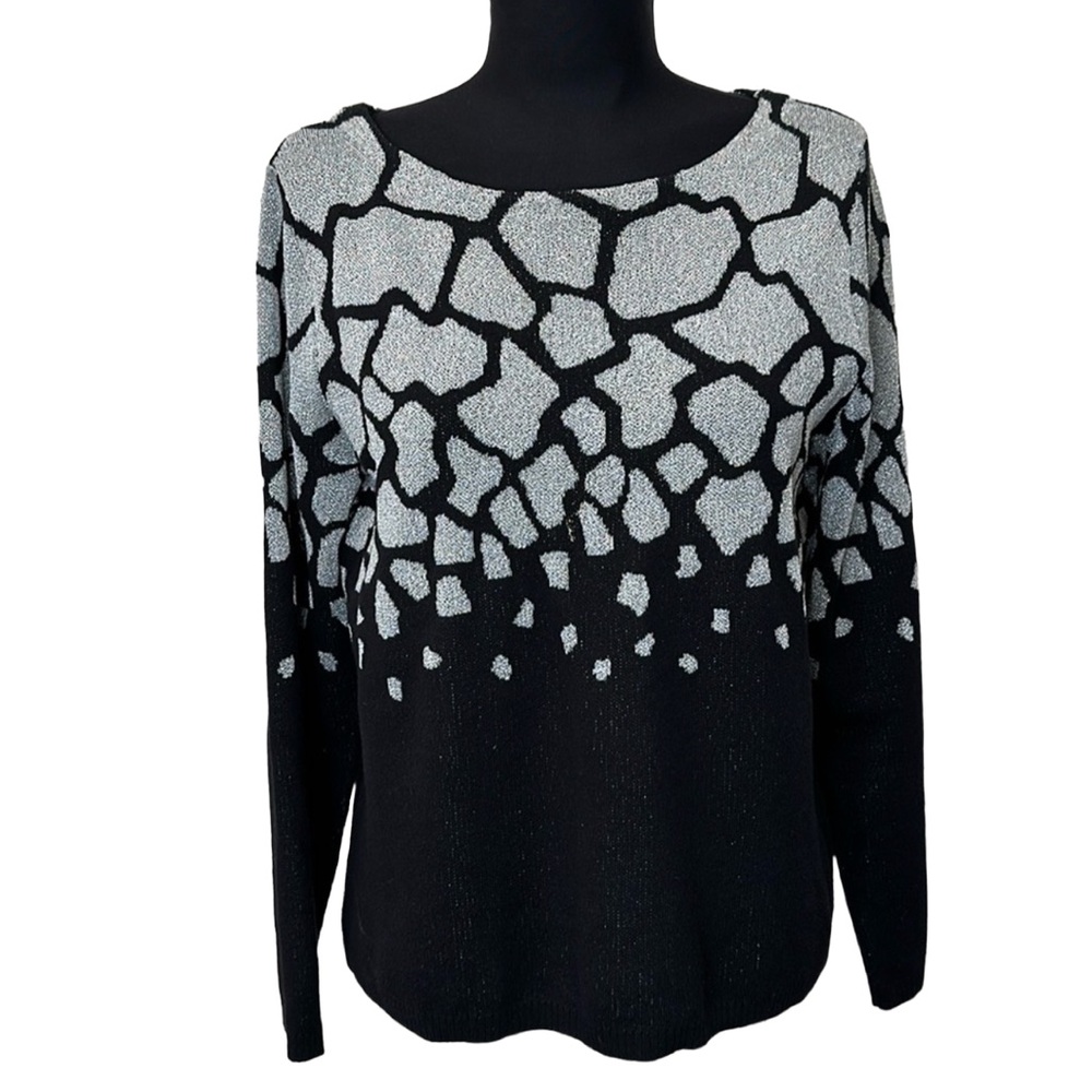 Ruby Rd Scoop Neck Metallic Animal Print Sweater Black Gray Silver Large